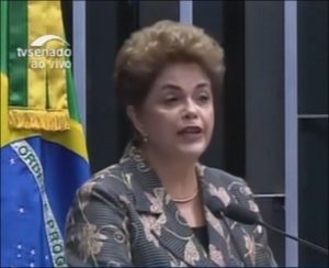 Brazil's elected president Dilma Rousseff addresses Brazil Senate impeachment spectacle on August 29, 2016