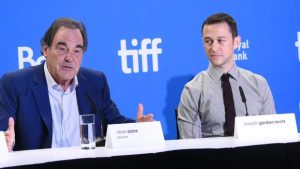 Oliver Stone (L) and 'Snowden' lead actor Joseph Gordon-Levitt at press conference on Sept 10, 2016 one day after film's world premiere at Toronto Int'l Film Fest (Evan Agostini, AP)